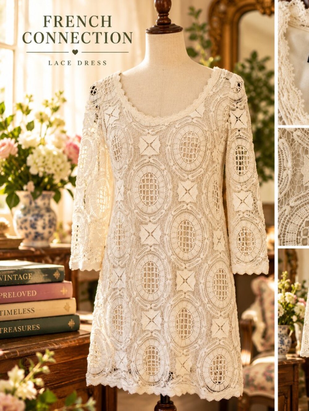 French Connection Ivory Crochet Lace Shift Dress | Romantic Boho